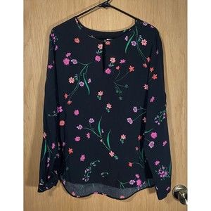 Gap Black Floral Blouse Long Sleeves Pink Flowers Flowy Career NWT Women's Sz L